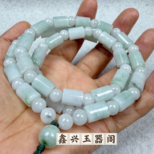 A货路路通项链男深绿飘花桶珠竹节珠链转运珠挂绳9mm大号