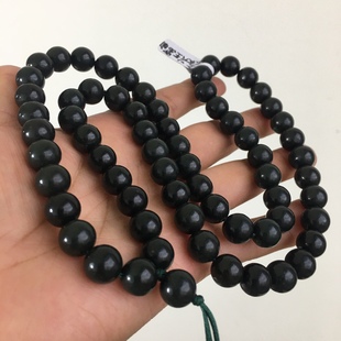 天然和田玉黑青玉项链深墨绿色卡10圆形路路通珠链男款吊坠绳链
