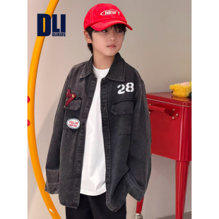 DLIDLIKIDS秋季新款男女童美式复古徽章开衫儿童翻领水洗牛仔外套