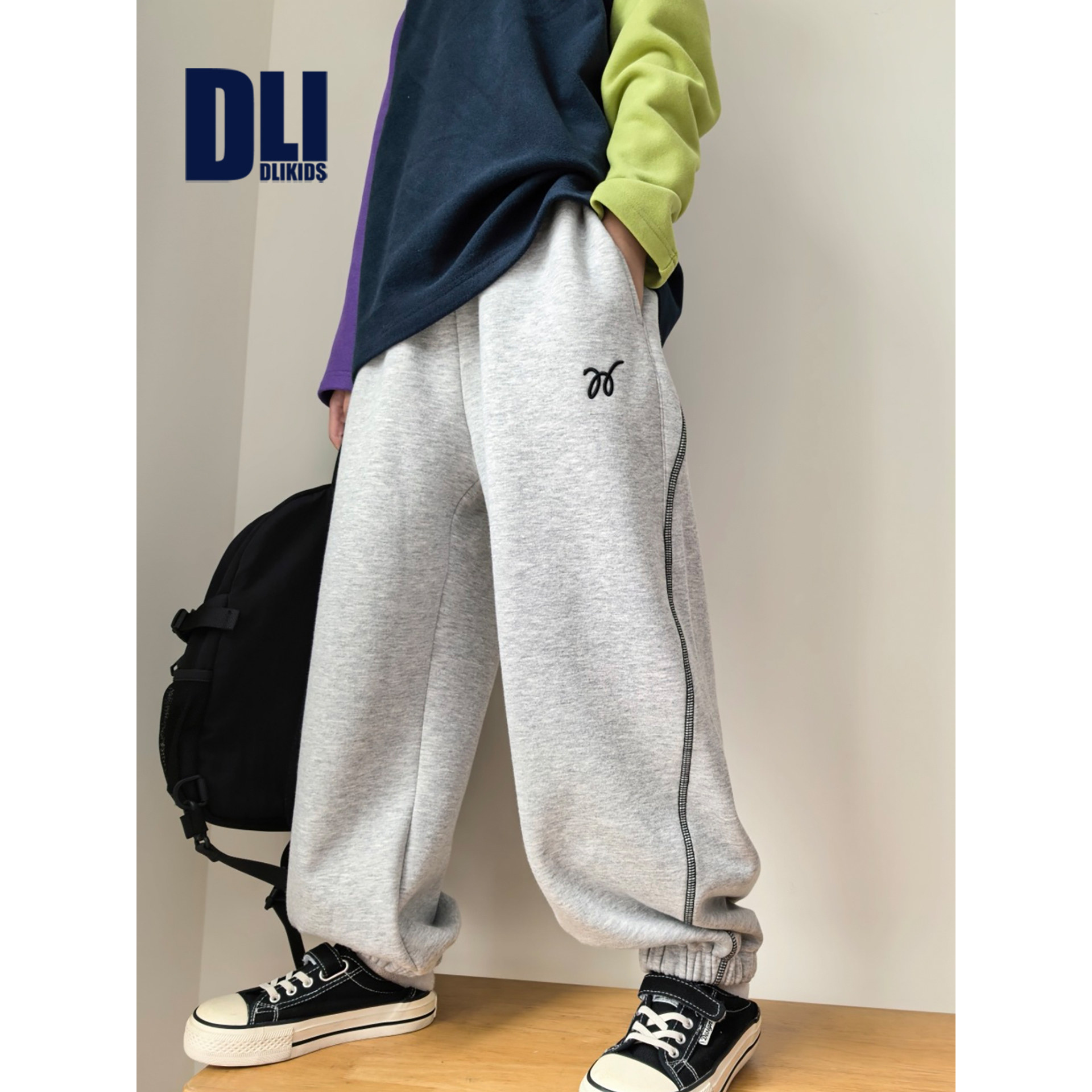 DLIDLIKIDS冬季新款男女童加绒卫裤撞色明线一体绒儿童保暖运动裤