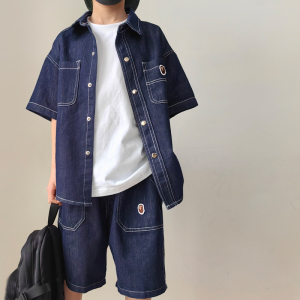 DLIDLIKIDS 夏季新款儿童不掉色上衣男女童休闲刺绣牛仔短袖衬衫