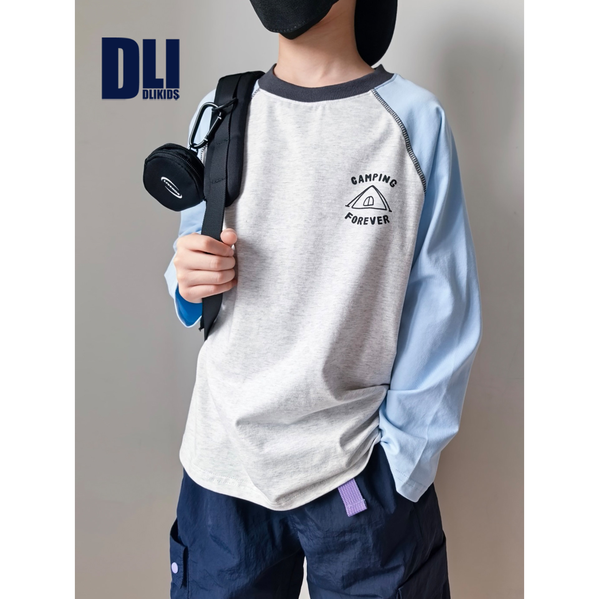 DLIDLIKIDS 秋季新款男女童上衣插肩袖撞色帐篷印花儿童长袖t恤潮