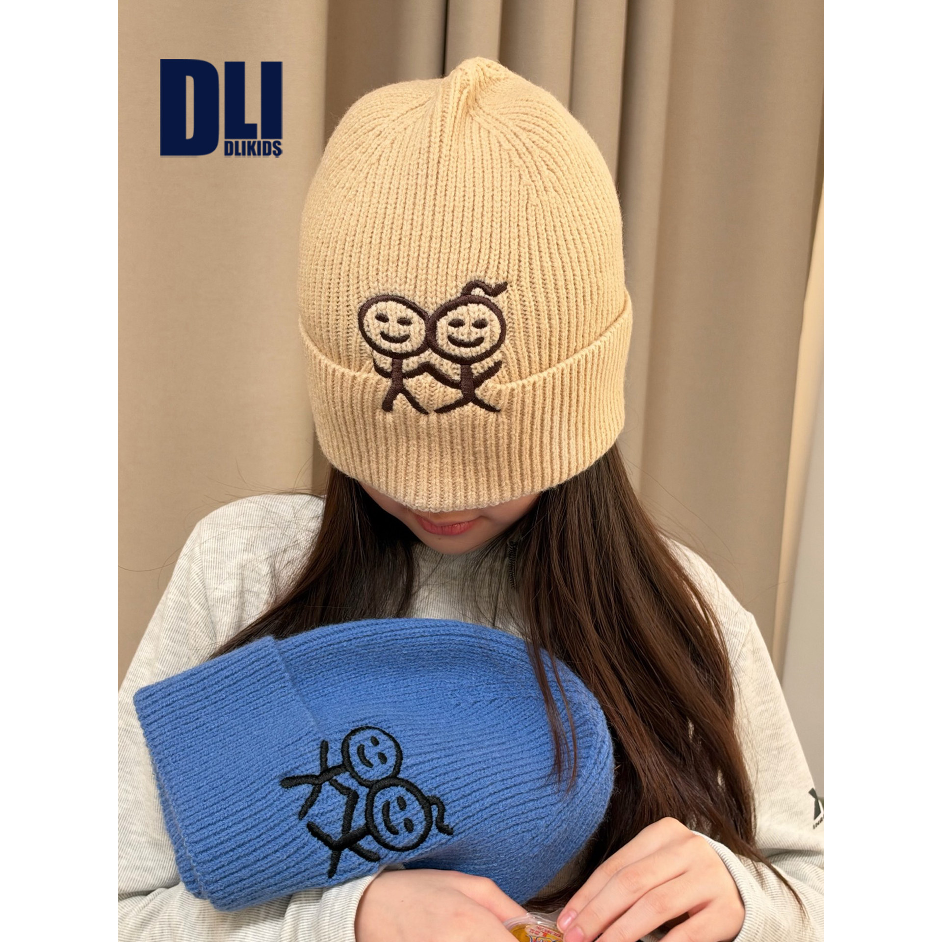 DLIDLIKIDS冬季新款男女童毛线帽儿童保暖针织线帽亲子帽火柴人潮