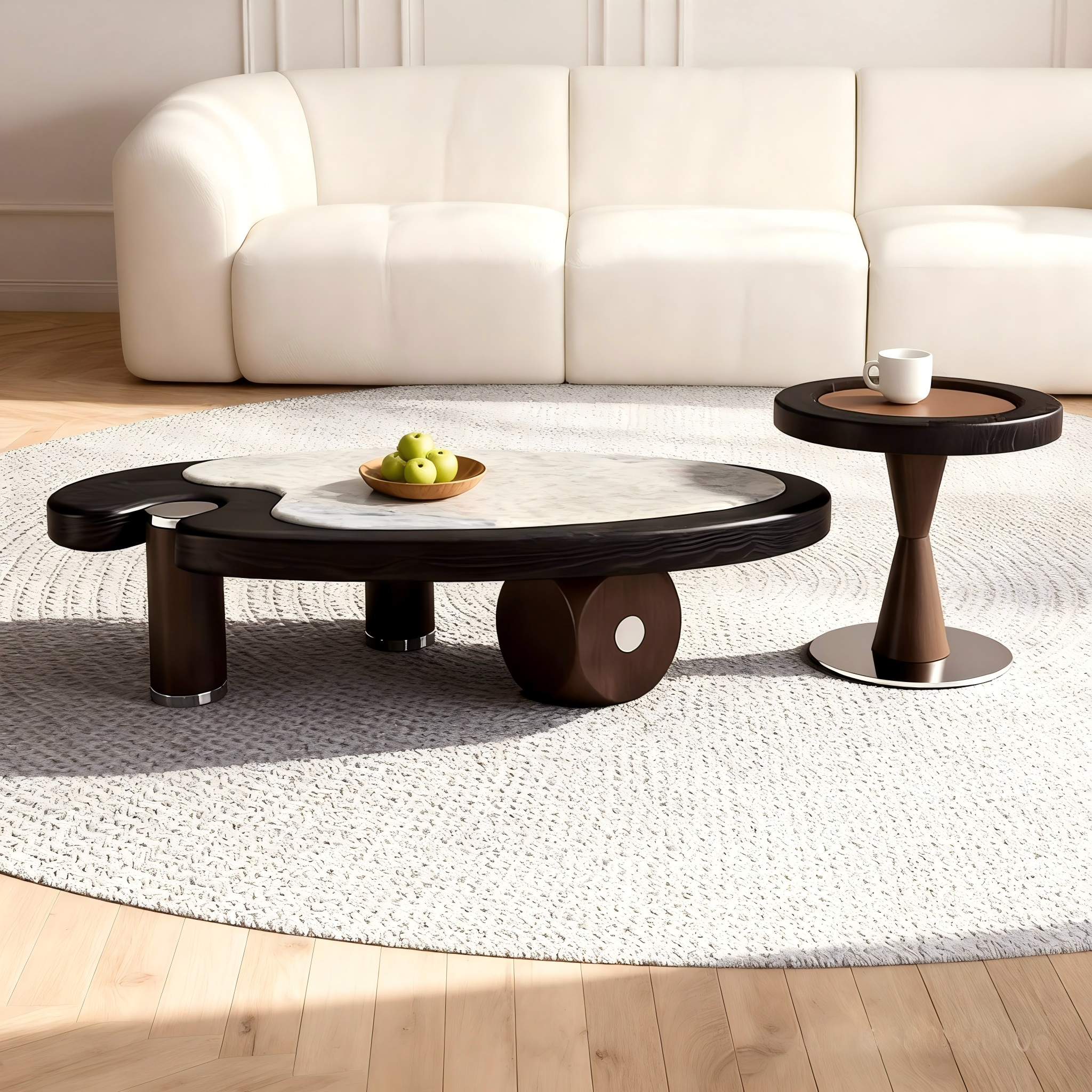 中古风天然石茶几组合客厅家用设计师创意复古椭圆侘寂风实木茶桌