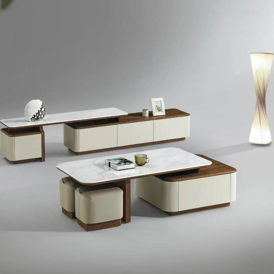 现代超晶石伸缩茶几意式极简长方形大小户型客厅家用设计师茶几