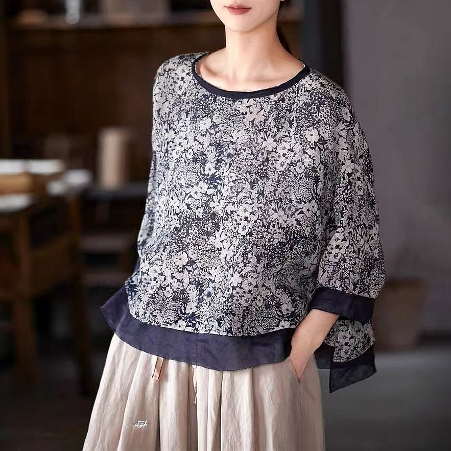 订单满800拍下付款送!!藏青蓝亚麻印花中式圆领轻薄女款套头衫