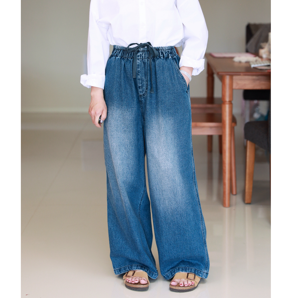 欢喜壹旧  三季款少年蓝棉复古宽松阔腿松紧腰牛仔裤休闲长裤