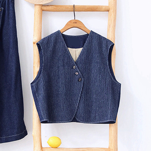 断码半价!秋款汉麻棉泡泡提花肌理V领无袖休闲百搭牛仔背心马甲