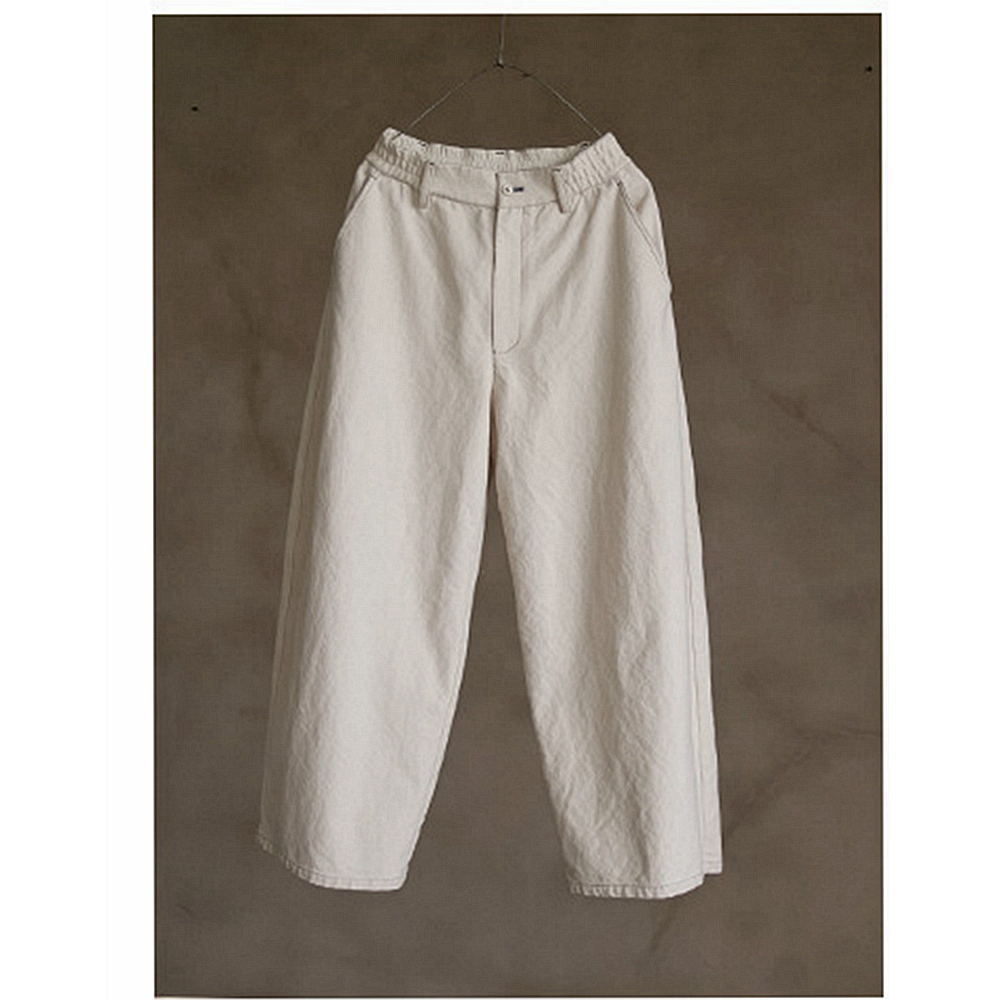 断码半价！秋款复古原创女装胚白色粗棉布松紧腰松复古女厚阔腿裤