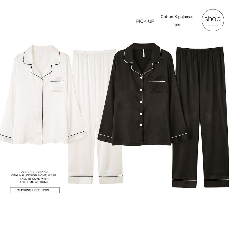 3黑白色情侣睡衣春秋冰丝绸长袖薄款家居服女夏男真丝醋酸面料套装