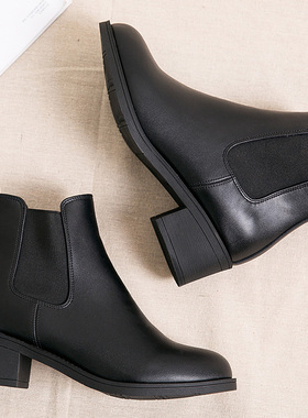 冬季中跟皮鞋软底工作鞋女黑色短靴女款保暖切尔西靴粗跟靴子踝靴