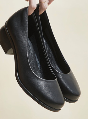 浅口圆头粗跟4cm静音软底黑色皮鞋女工鞋职业单鞋中跟女鞋黑舒适