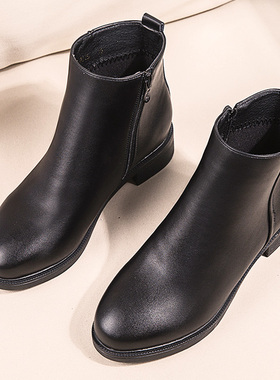 黑色法式小短靴中跟工装靴女皮鞋粗跟工作鞋女鞋加绒及踝靴靴子冬