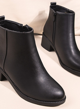 秋冬季粗跟加绒保暖短靴女黑色工作鞋中跟皮靴工装靴职业女鞋皮鞋