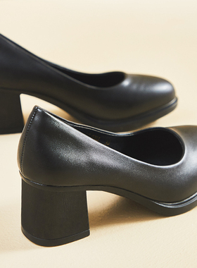 浅口粗跟5.5cm黑色工作鞋圆头软底静音女皮鞋职业全黑通勤高跟鞋
