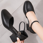女职业一字扣带中空女皮鞋 包头中跟黑色高跟鞋 女粗跟夏季 方头凉鞋