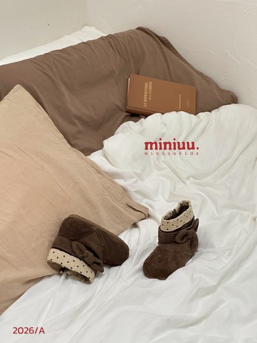 miniuu26浅秋·咖色蝴蝶结翻边印花短靴休闲鞋 包邮23-32码