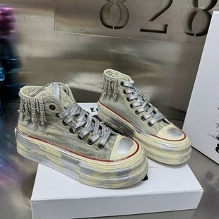 松糕厚底镶钻单鞋 欧货做旧复古脏脏高帮帆布鞋 新款 女板鞋 2025春季