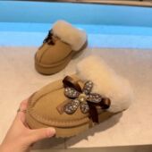 欧货2025冬季 包头拖 女鞋 新款 重工立体花朵磨砂皮加绒厚底雪地拖鞋