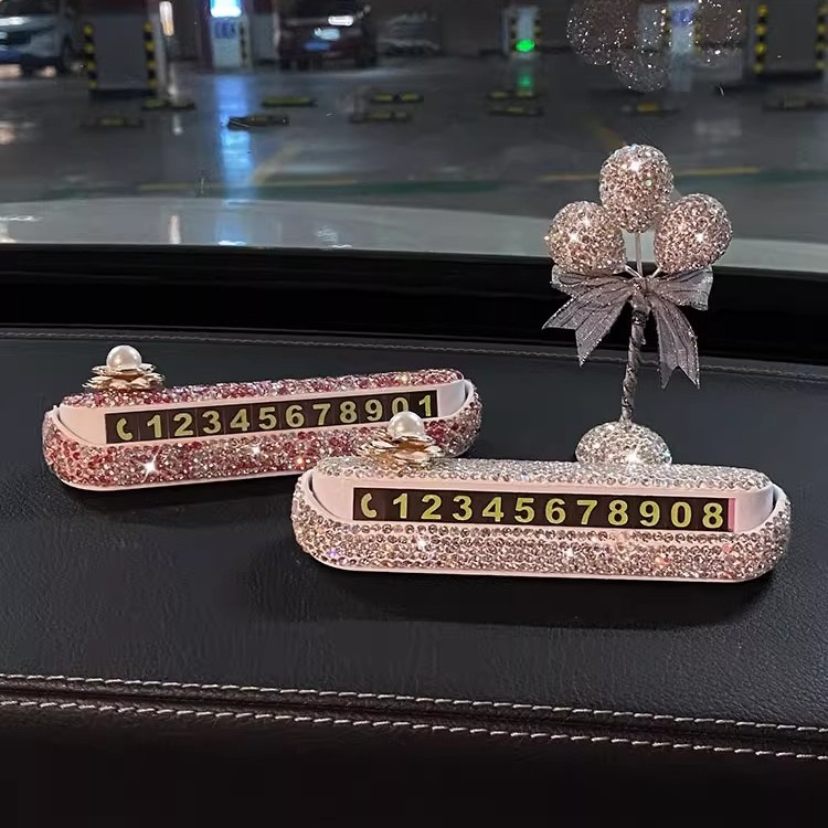 汽车临时停车号码牌镶钻小熊车内饰品数字摆件车载挪车电话牌女生