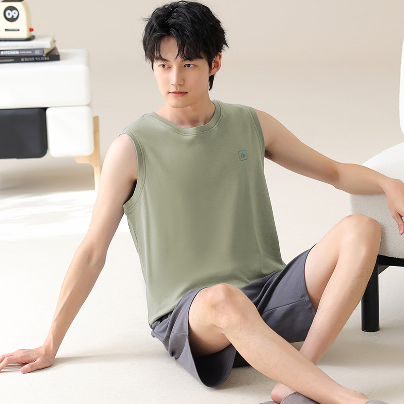 夏季短袖100%纯棉背心睡衣男