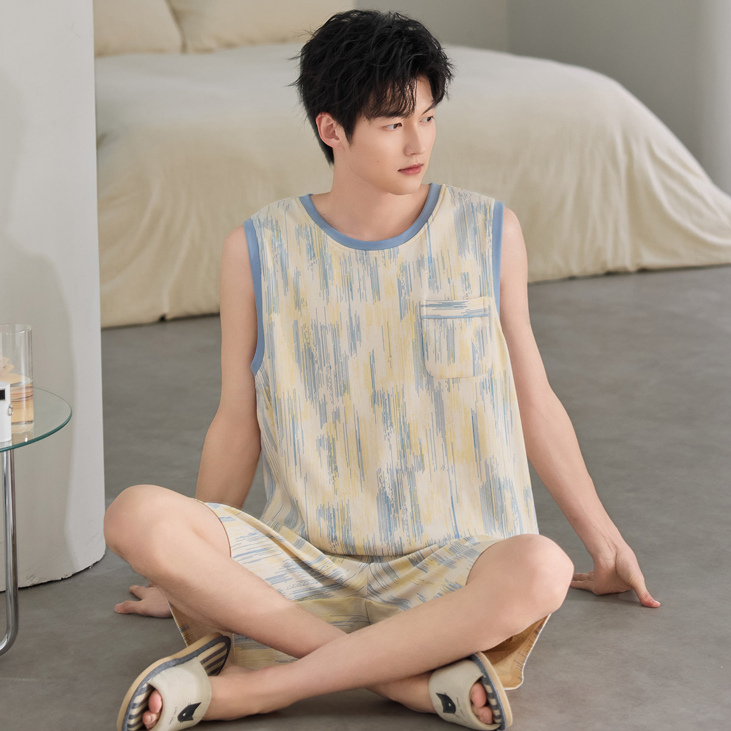 夏季短袖100%纯棉背心睡衣男