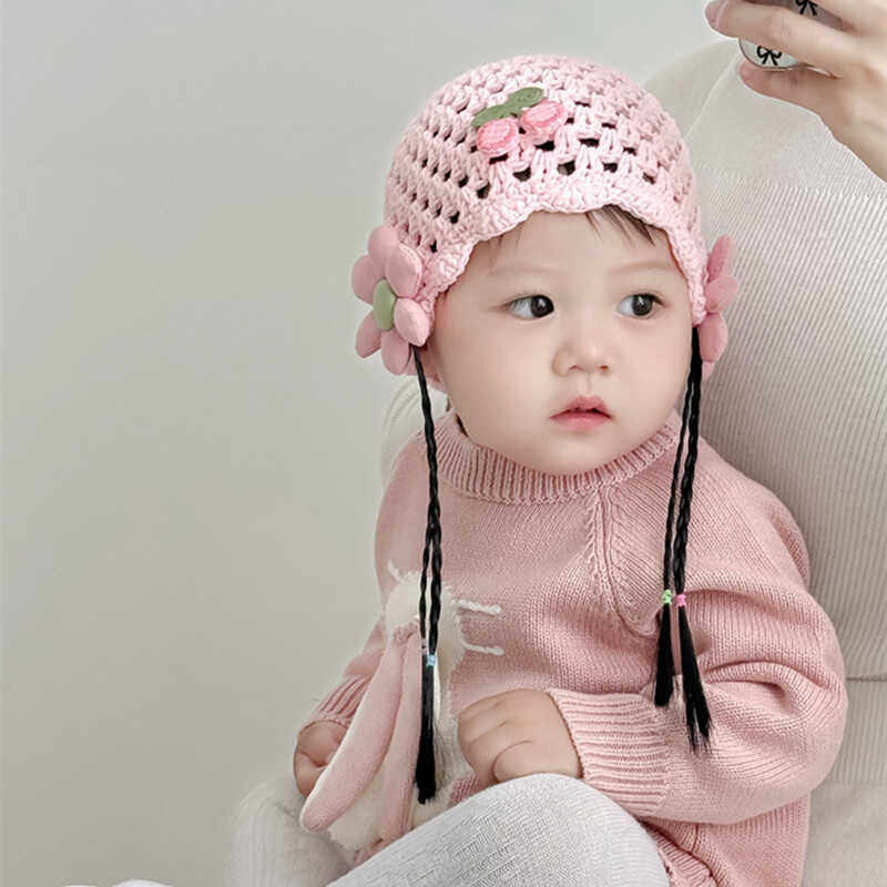 女宝宝假发辫子帽超萌可爱婴儿帽子秋冬季新生儿毛线帽0-3-6-12月