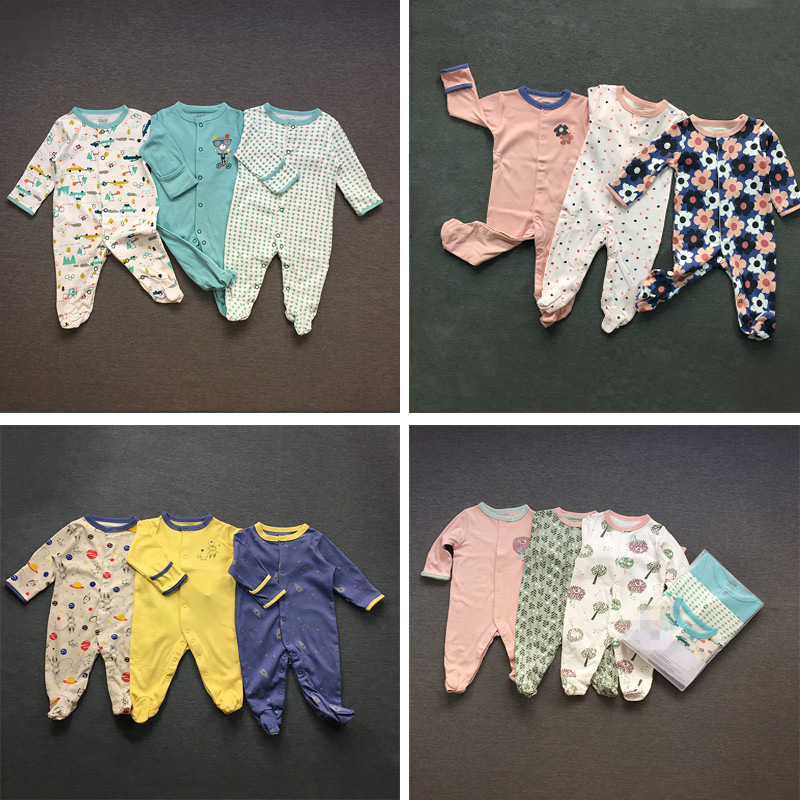 纯棉3件装宝可爱包手睡衣连体衣