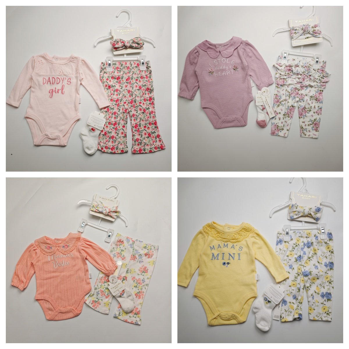 外贸婴儿长袖包屁衣裤子发带袜子4件套女宝宝可爱棉蕾丝印花套装