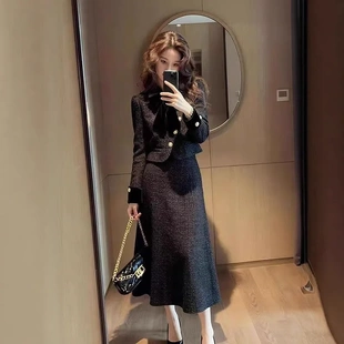 通勤穿搭西装 法式 外套半身裙两件套 女2025秋冬新款 黑色小香风套装