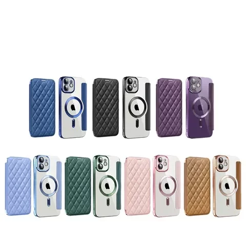 iPhone16151413电镀苹果手机壳小香风菱格适用磁吸小羊皮翻盖皮套