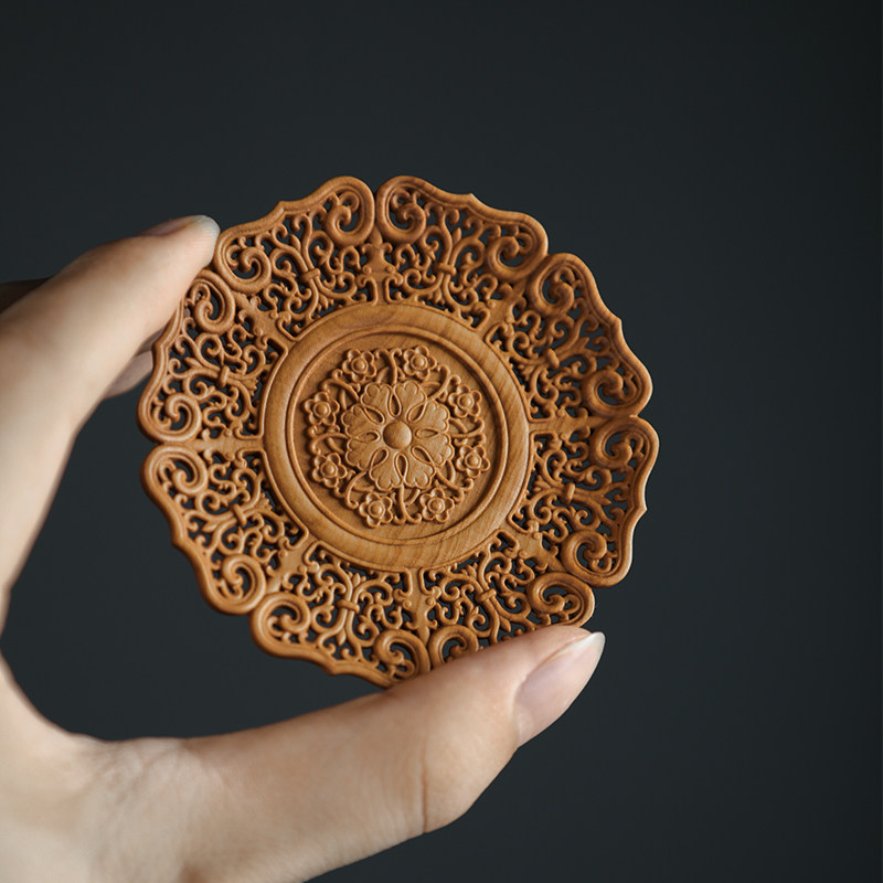 故宫黄杨木镂空杯垫透雕缠枝纹茶托小叶黄杨杯托隔热茶垫茶道配件
