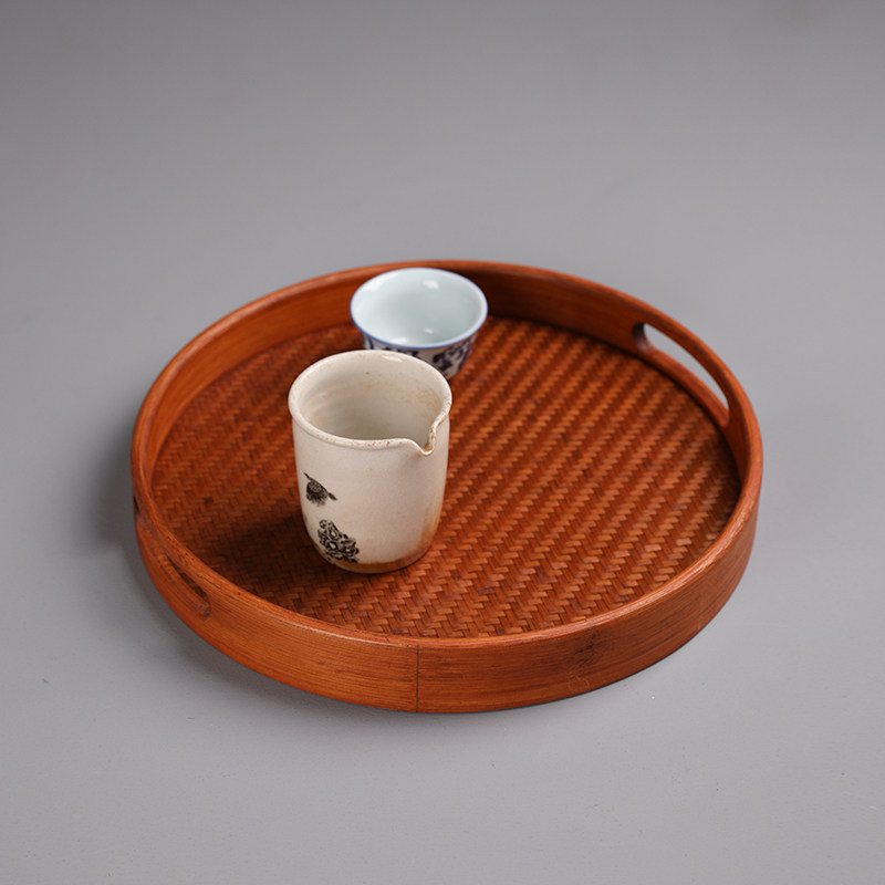 大漆竹编托盘竹制茶盘家用仿古奉茶杯架茶棚茶具收纳圆形干泡台