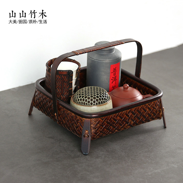 收纳箱有盖竹编整理箱储物盒编织收纳筐功夫茶具有盖防尘整理盒