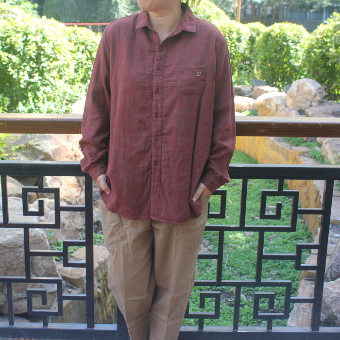 春秋大码棉麻格子衬衫短款长袖前短后长女装原创宽松休闲上衣F230