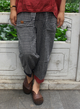 夏季松紧腰格子女装裤子大裆裤不同色兜彩色裤口女裤雪蓝杉K377