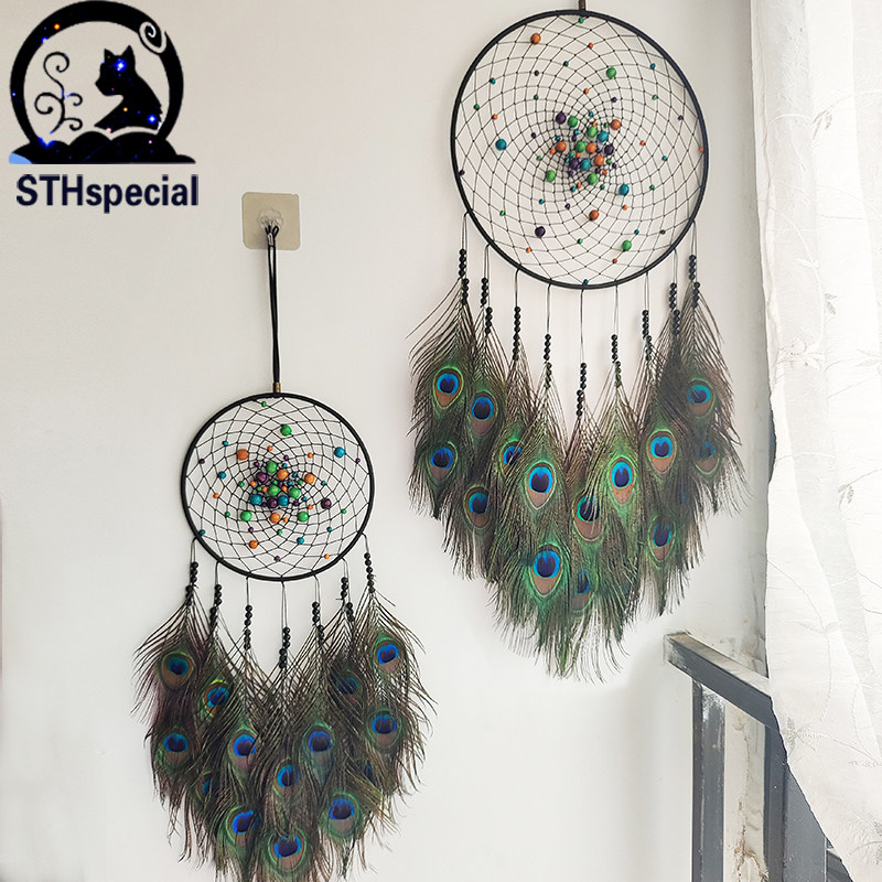 捕梦网墙面装饰挂件森系孔雀羽毛风水吊饰手工墙上挂饰定制乔迁礼