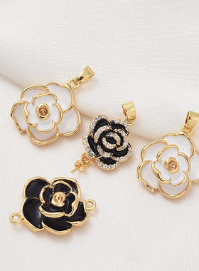 18K包金保色微镶滴油黑色山茶花吊坠手工diy项坠材料手链饰品配饰