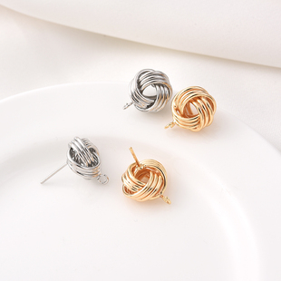 14K包金毛线圈耳钉手工diy带吊环耳钩耳饰材料白金色线结耳环耳针