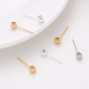 14K包金硅胶珠耳钉手工diy耳饰配件银色925钢印白金色耳针材料
