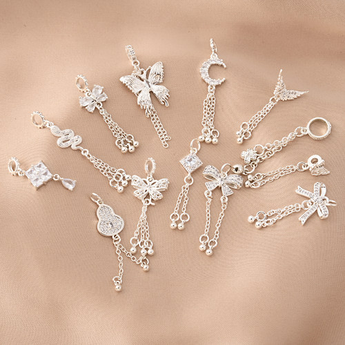 铜镀厚银镶锆石月亮流苏小滴溜