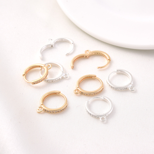 14K包金微镶锆石开口吊环耳夹手工diy耳饰配件铜镀厚银保色耳扣