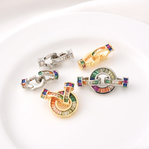 18K包金微镶彩锆圆盘珍珠扣