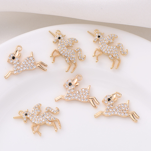 14K包金保色镶锆石独角兽吊坠手工diy手链项链小鹿挂件手串吊饰