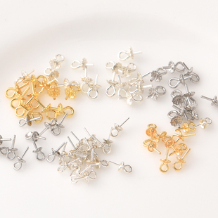 s925纯银镀18K金保色花纹羊眼针手工diy半孔珍珠托白金色吊坠空托