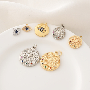 14K包金微镶宝蓝锆石恶魔之眼吊坠手工diy手链小挂件项链项坠材料