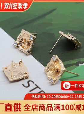 锆石方形手工纯银耳针饰品材料