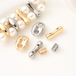 14K包金高保镶锆石猪鼻孔双排隔珠手工diy珍珠手链双孔珠白金材料