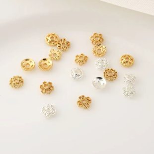 4MM铜镀18K金镂空小花托手工diy珍珠手链电镀银花帽隔珠隔片珠托