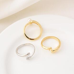 铜镀14K真金高保简约时尚素戒托手工diy指环戒指白金色珍珠指环